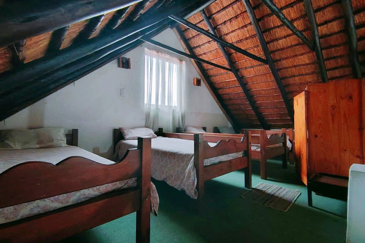 Spacious attic-style bedroom featuring exposed timber rafters, a traditional thatched roof, and carpeted flooring.