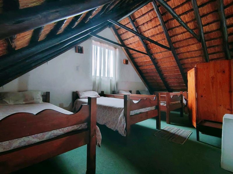 Spacious attic-style bedroom featuring exposed timber rafters, a traditional thatched roof, and carpeted flooring.