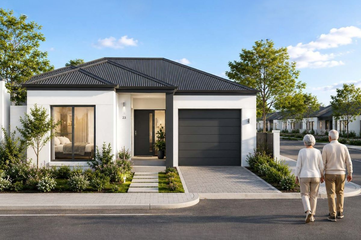 A modern single-story residential home featuring a clean white facade, dark metal roof, paved driveway, and a well-maintained front garden.
