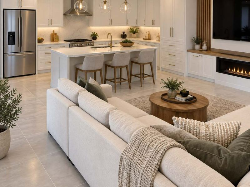 Modern open-plan living area featuring a sleek kitchen with stone countertops, integrated appliances, and a cozy built-in fireplace with feature wood paneling.