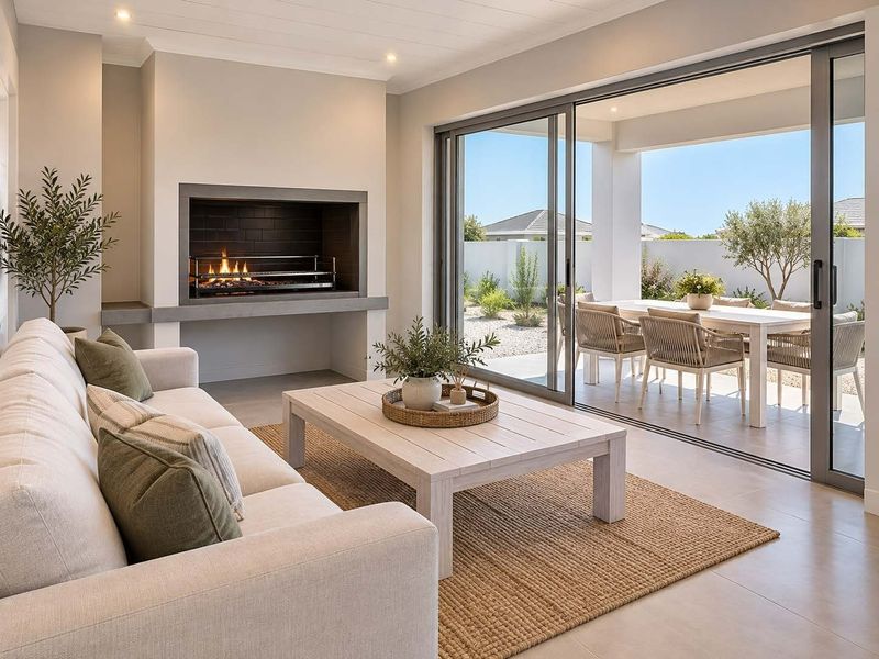 Modern open-plan living area featuring a built-in fireplace and large sliding doors that open onto a covered patio and garden.