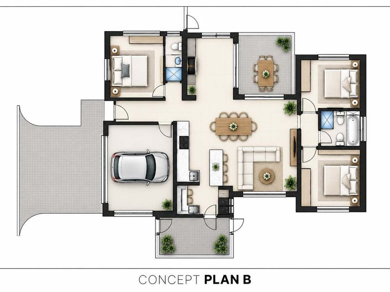 A detailed architectural floor plan showing the layout of a residential property including living areas, bedrooms, bathrooms, and garage.