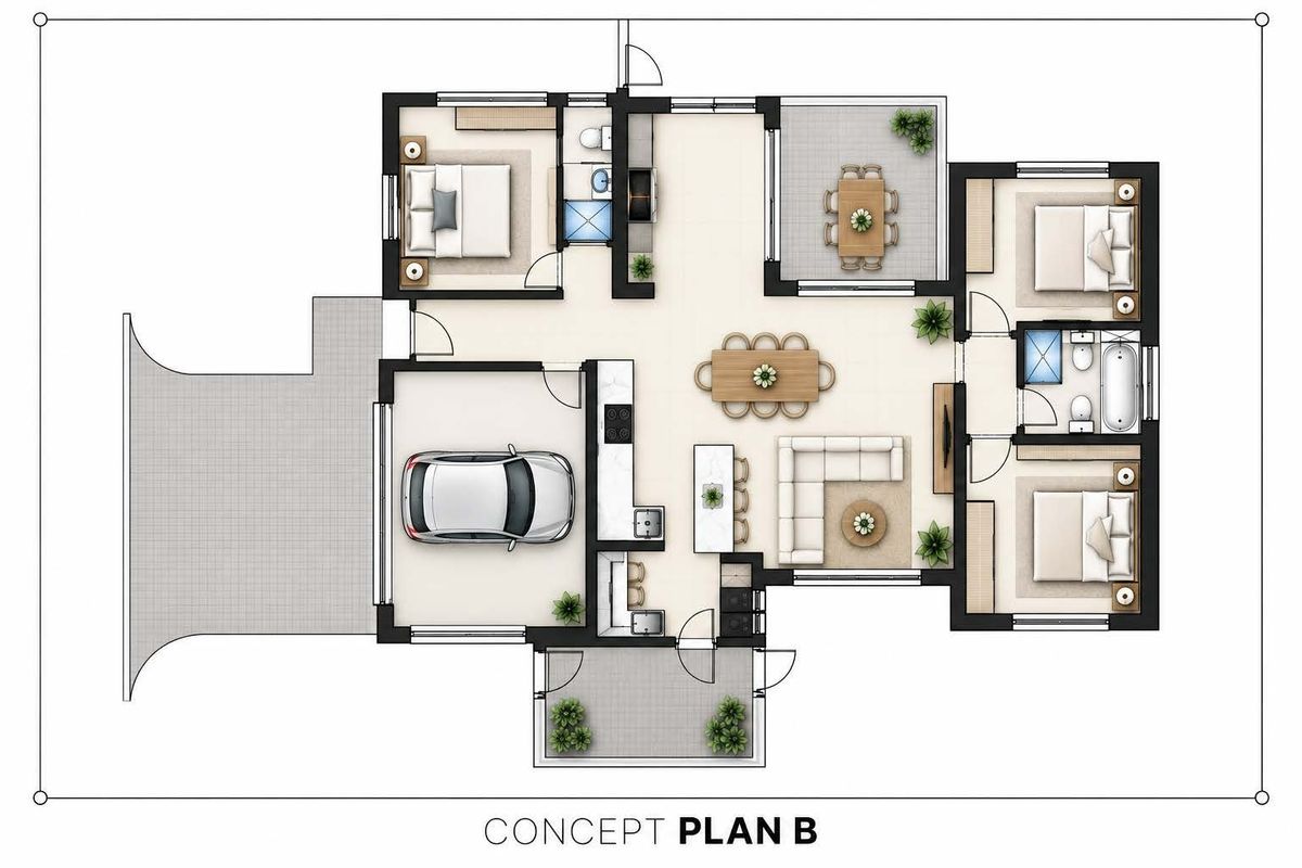 A detailed architectural floor plan showing the layout of a residential property including living areas, bedrooms, bathrooms, and garage.