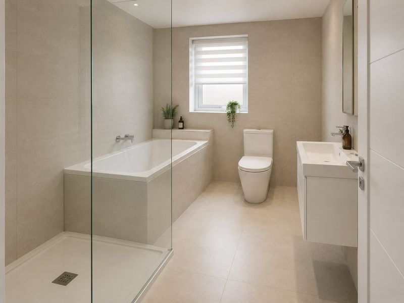 Modern, well-appointed bathroom featuring a walk-in shower, built-in bathtub, wall-mounted vanity basin, and neutral floor-to-ceiling tiling.