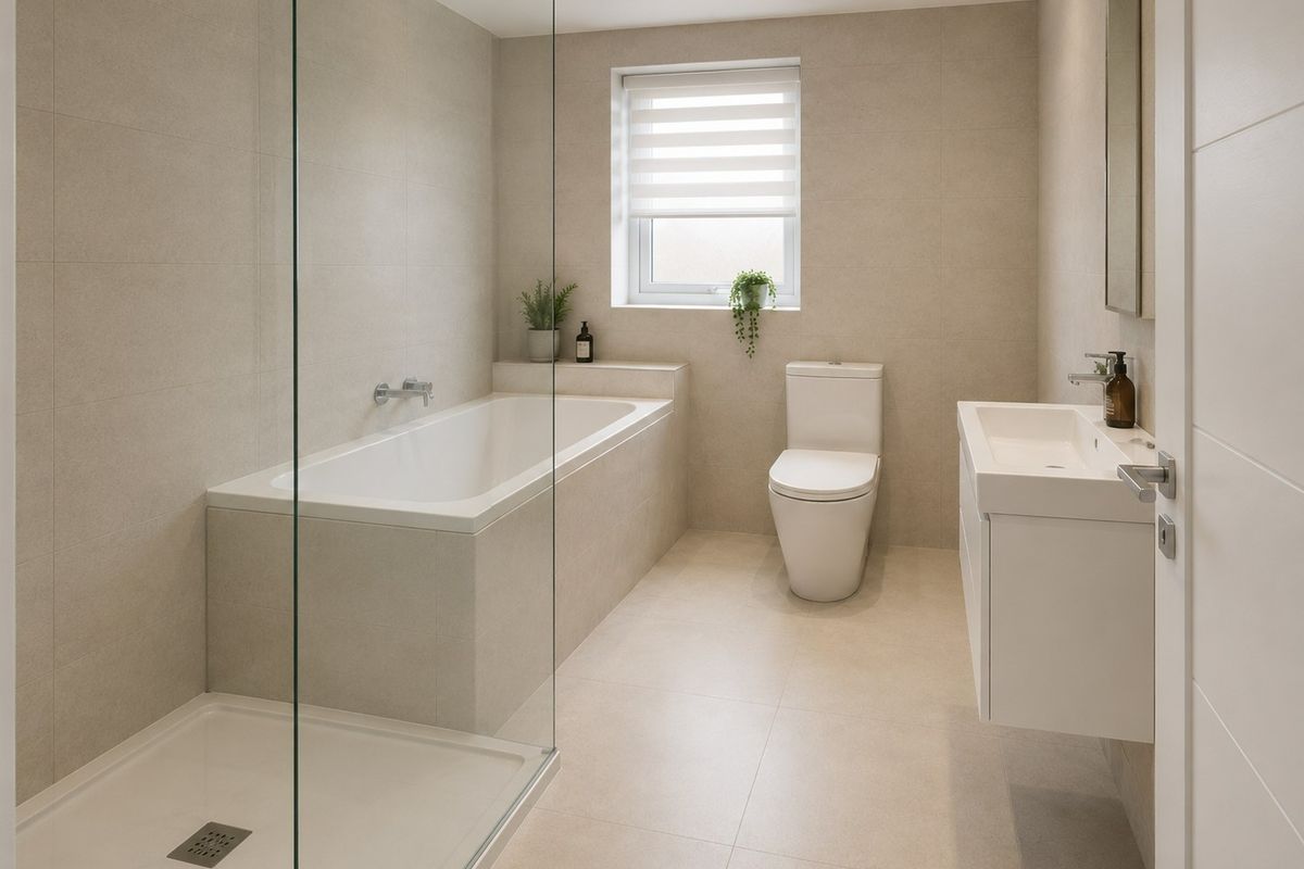 Modern, well-appointed bathroom featuring a walk-in shower, built-in bathtub, wall-mounted vanity basin, and neutral floor-to-ceiling tiling.
