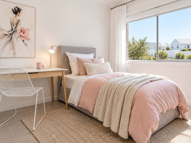 A bright and well-maintained bedroom featuring neutral tiled flooring and a large sliding window that allows for ample natural light.