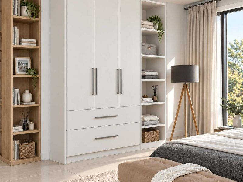 A well-lit bedroom featuring a large built-in wardrobe with integrated shelving and modern finishes, complemented by natural light from a large window.