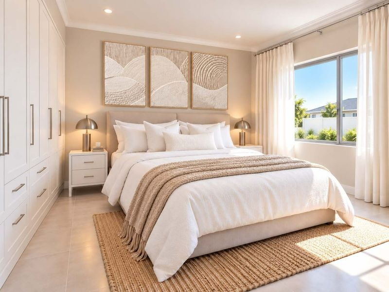 A well-maintained bedroom featuring neutral tones, built-in cabinetry, tiled flooring, and natural light through a large window.
