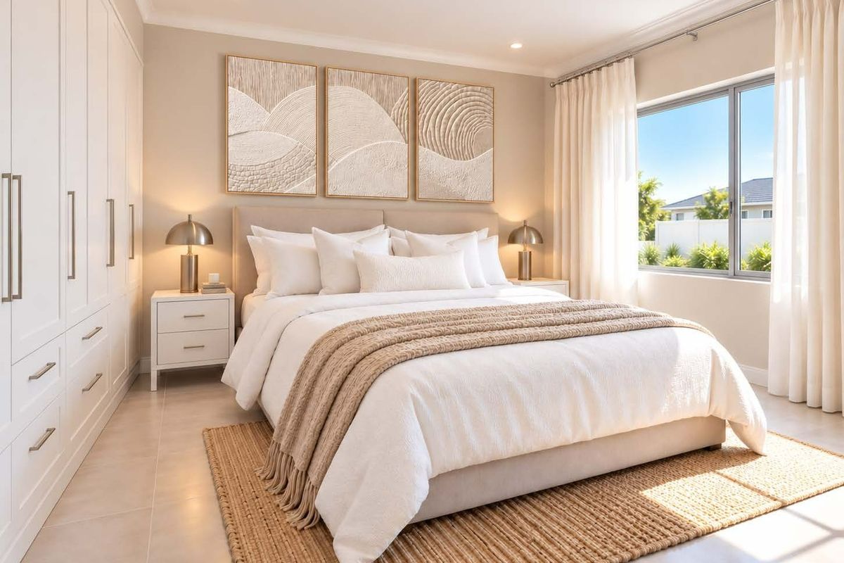 A well-maintained bedroom featuring neutral tones, built-in cabinetry, tiled flooring, and natural light through a large window.