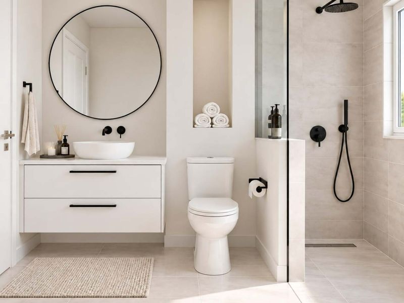 Modern bathroom featuring a wall-mounted vanity with vessel sink, a walk-in shower with matte black fixtures, and a recessed wall niche.