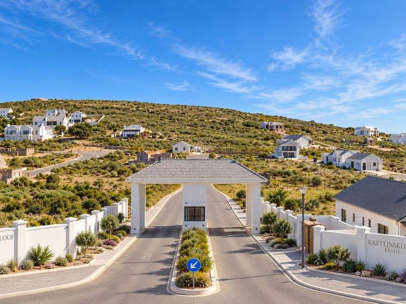 Aerial view of the main entrance gate and security checkpoint for Kapteinskloof Estate, featuring paved access roads and landscaped perimeter walls.
