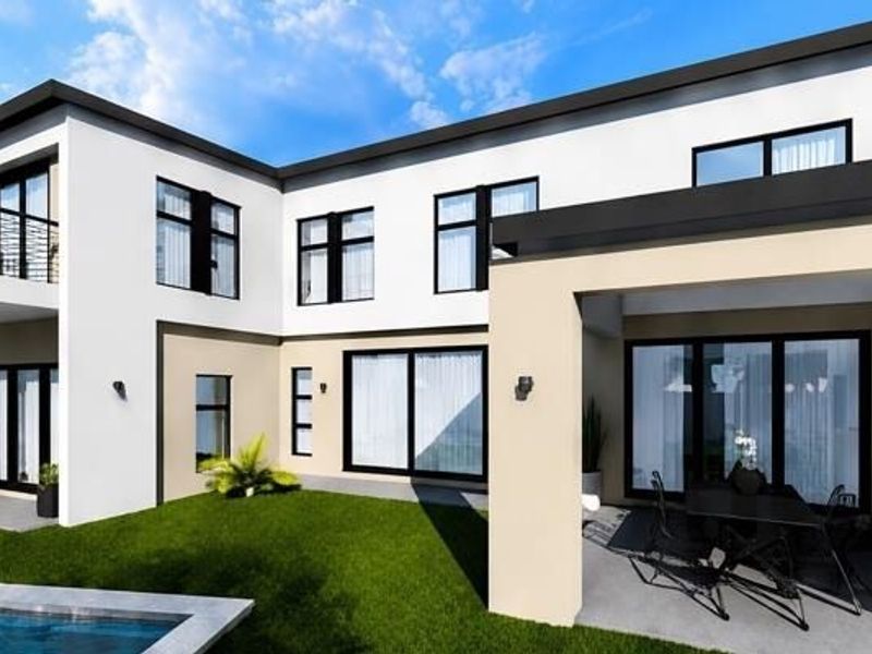 Modern two-story rear elevation featuring a covered patio, swimming pool, and large sliding glass doors opening to the garden.