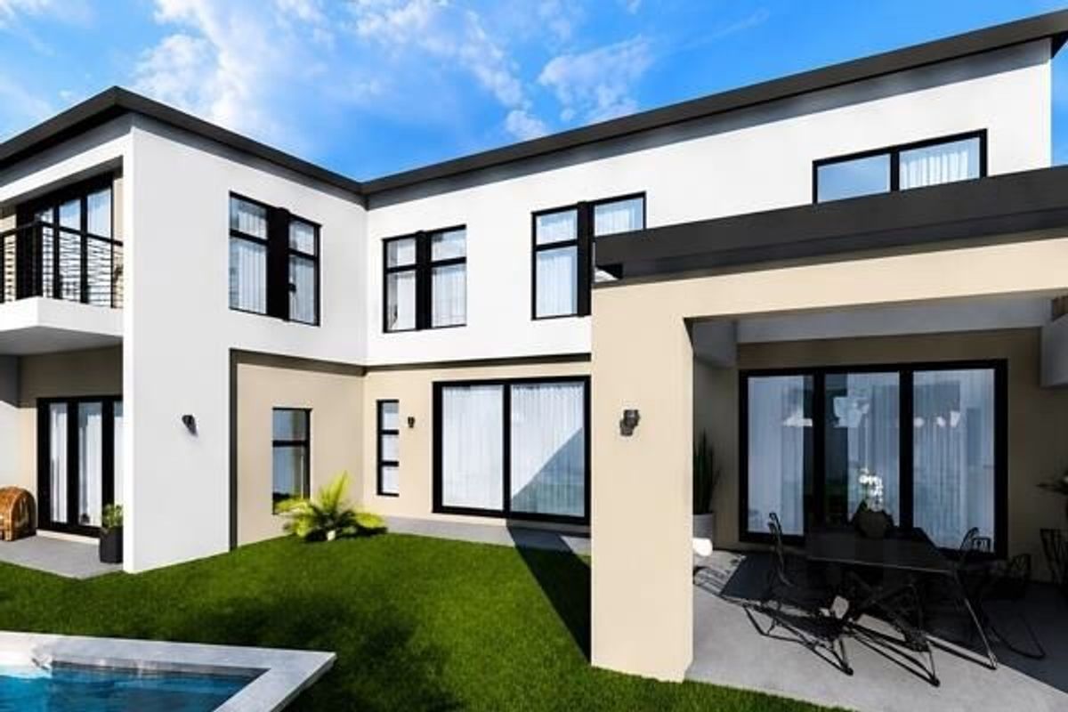 Modern two-story rear elevation featuring a covered patio, swimming pool, and large sliding glass doors opening to the garden.
