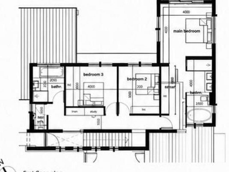 Architectural floor plan showing the layout of the first floor, including three bedrooms, two bathrooms, and a central hallway.