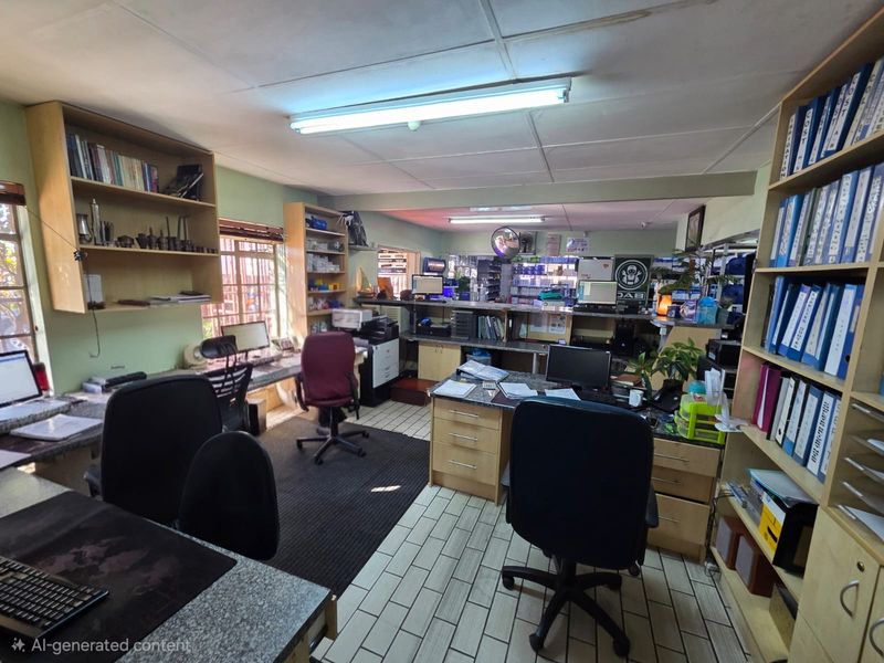 A functional commercial office space featuring built-in shelving, tiled flooring, and integrated desk workstations with overhead fluorescent lighting.