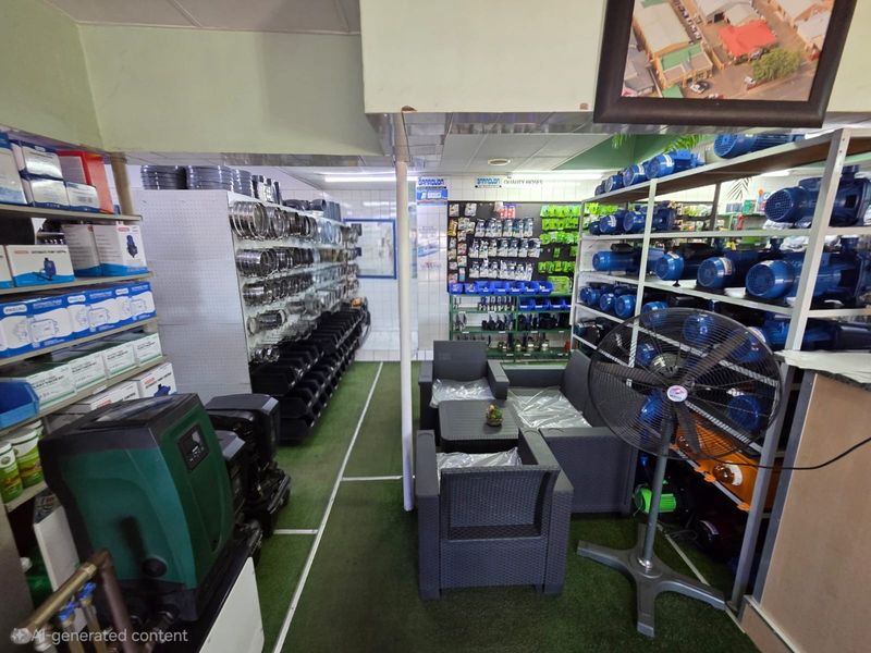A commercial utility and retail space featuring built-in shelving units for inventory storage and a suspended ceiling.