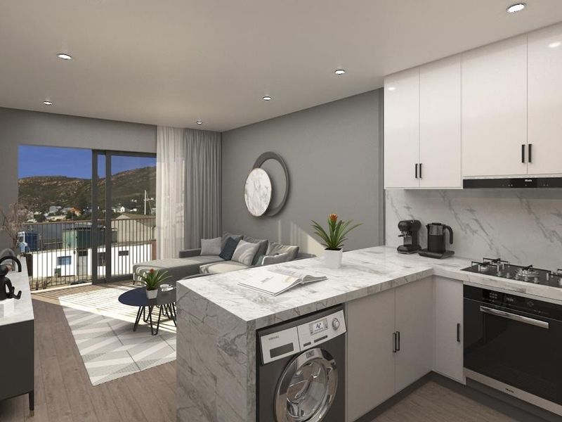 Modern open-plan apartment featuring a sleek kitchen with marble-look finishes, integrated appliances, and seamless flow to a balcony with scenic views.