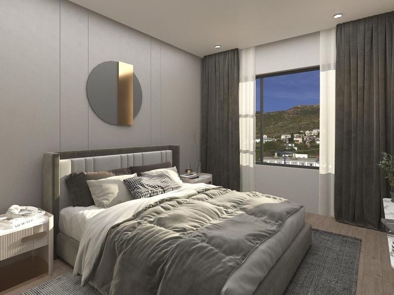 A modern, well-appointed bedroom featuring elegant wall paneling, recessed lighting, and a large window offering scenic views.