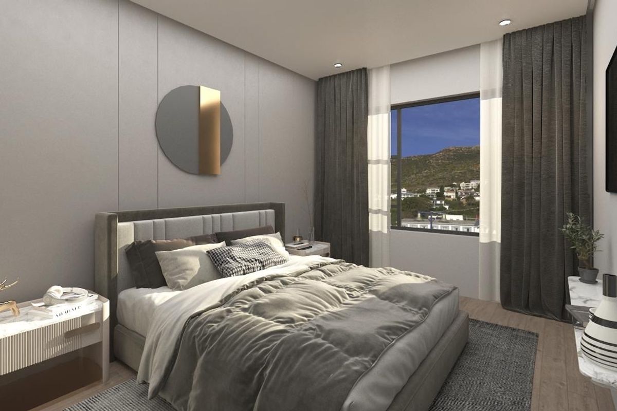 A modern, well-appointed bedroom featuring elegant wall paneling, recessed lighting, and a large window offering scenic views.