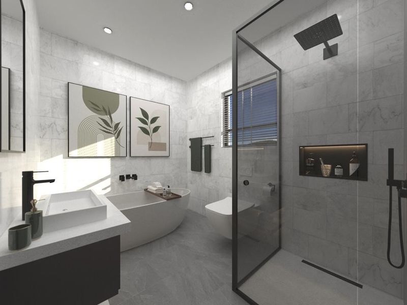 Modern bathroom featuring a freestanding bathtub, walk-in shower with black matte fixtures, wall-mounted toilet, and elegant marble-look wall tiling.