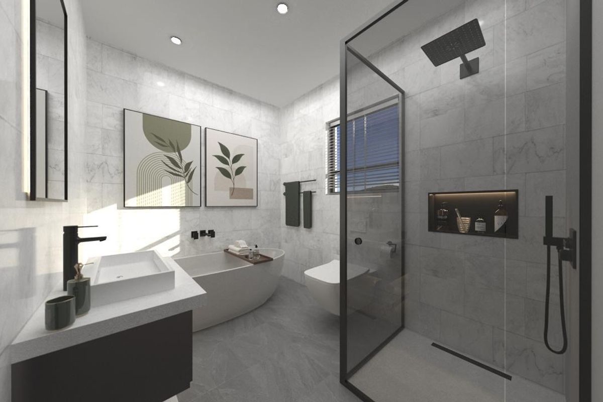 Modern bathroom featuring a freestanding bathtub, walk-in shower with black matte fixtures, wall-mounted toilet, and elegant marble-look wall tiling.