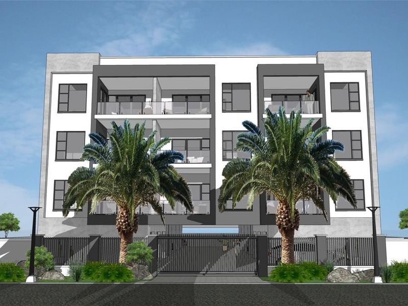A digital architectural rendering of a modern apartment building featuring a gated entrance, glass-fronted balconies, and contemporary facade design.