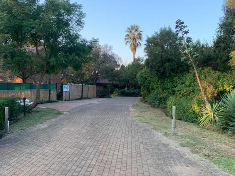 A paved driveway leading towards the property entrance, flanked by established trees, shrubs, and boundary fencing on a small holding.