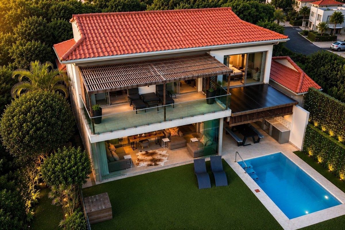 Aerial view of a modern two-story residence featuring a swimming pool, landscaped garden, spacious covered patio, and a balcony with glass balustrades.