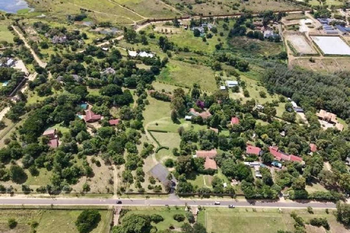 An aerial view of a residential area featuring mature trees, open grassland, and established property boundaries.