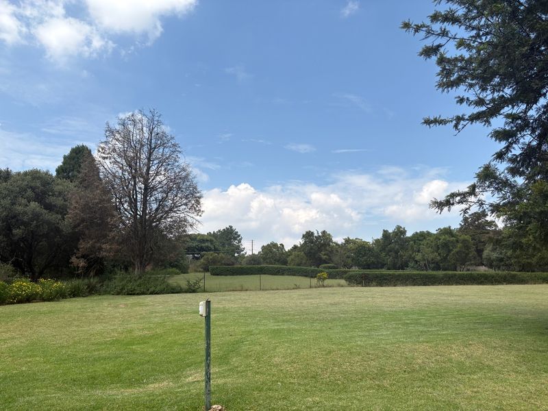 A spacious, well-maintained garden area featuring expansive green lawns, established hedging, and mature trees under a clear blue sky.