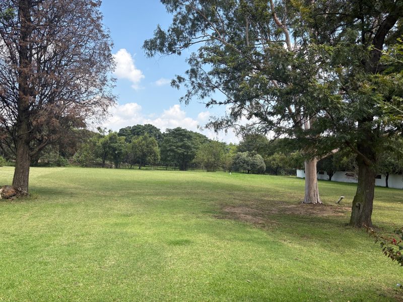 A spacious, well-maintained green lawn surrounded by mature trees, offering a peaceful and open outdoor setting on the farm property.