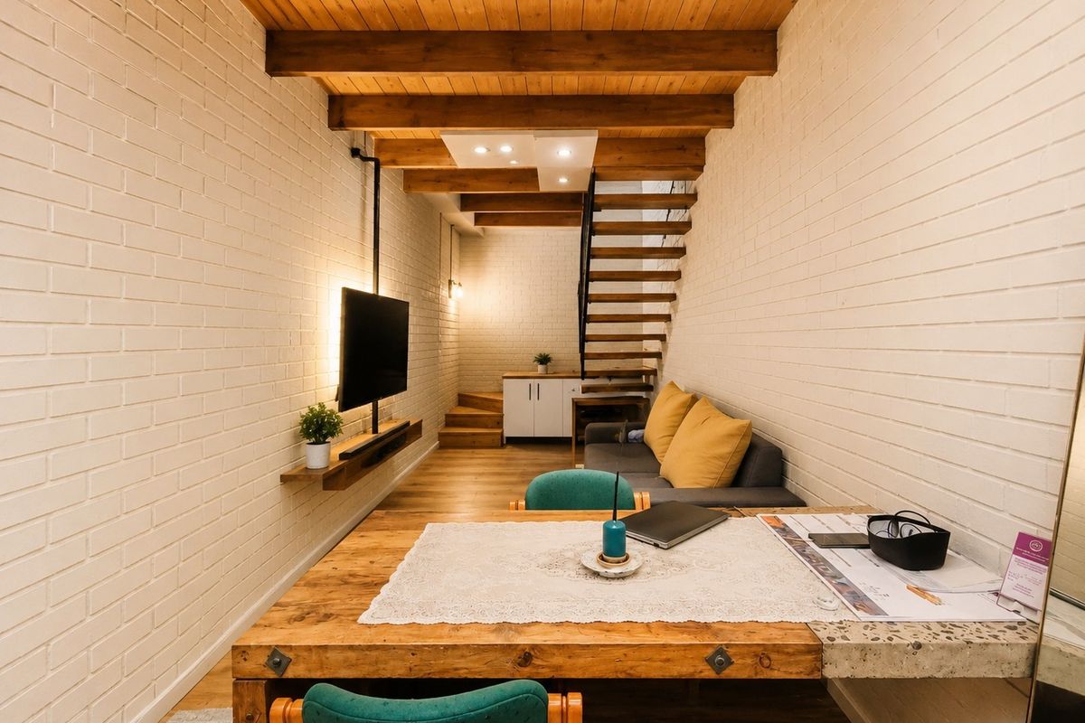 A modern open-plan living area featuring exposed timber ceiling beams, painted brick walls, and a stylish timber staircase leading to an upper level.