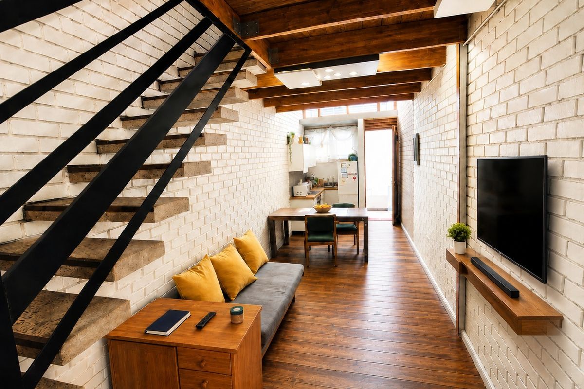 An open-plan living and kitchen area featuring exposed timber ceiling beams, painted brick walls, and warm timber flooring with a modern staircase.
