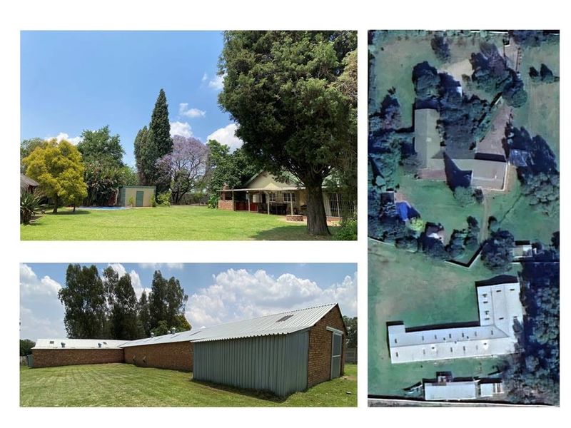 A collage showing the rear exterior of the industrial property, featuring brick outbuildings, metal roofing, a swimming pool, and an aerial site view.