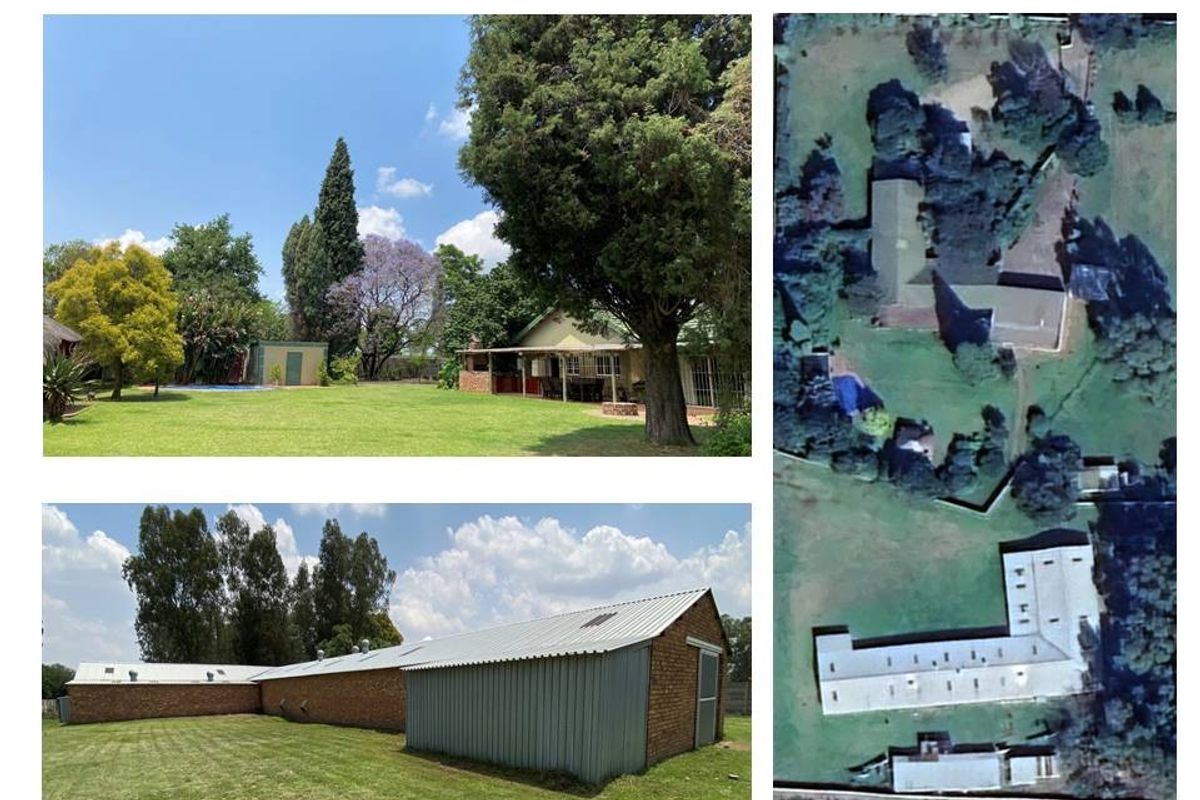 A collage showing the rear exterior of the industrial property, featuring brick outbuildings, metal roofing, a swimming pool, and an aerial site view.