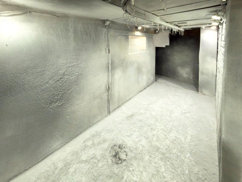 An industrial utility space featuring concrete flooring, exposed ceiling, and overhead track lighting, suitable for storage or workshop use.