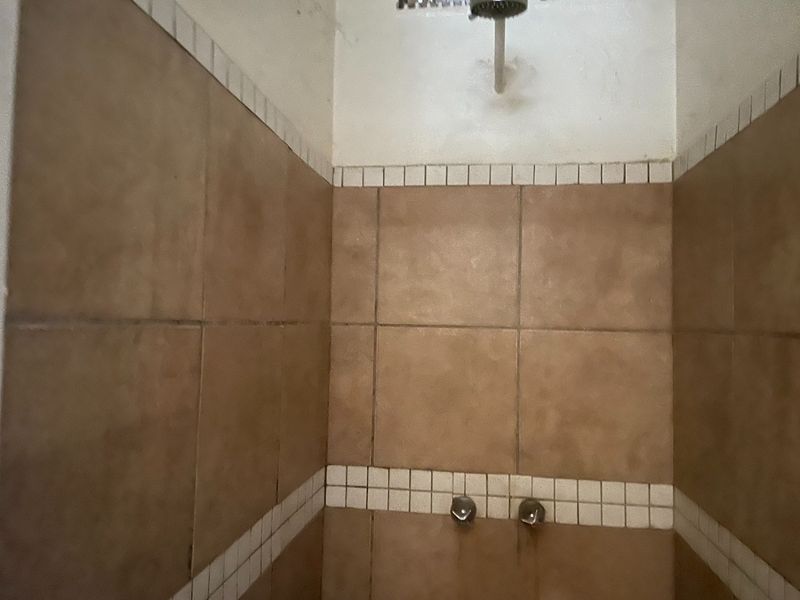 A shower enclosure featuring brown wall tiles with decorative mosaic borders, a fixed shower head, and wall-mounted mixer controls.
