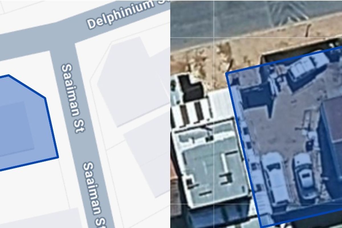 Aerial view showing the property plot layout and building footprint relative to the street corner.