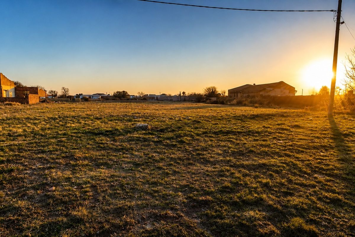 A wide-angle view of a vacant residential plot at sunset, featuring open grass, a utility pole, and surrounding boundary walls.