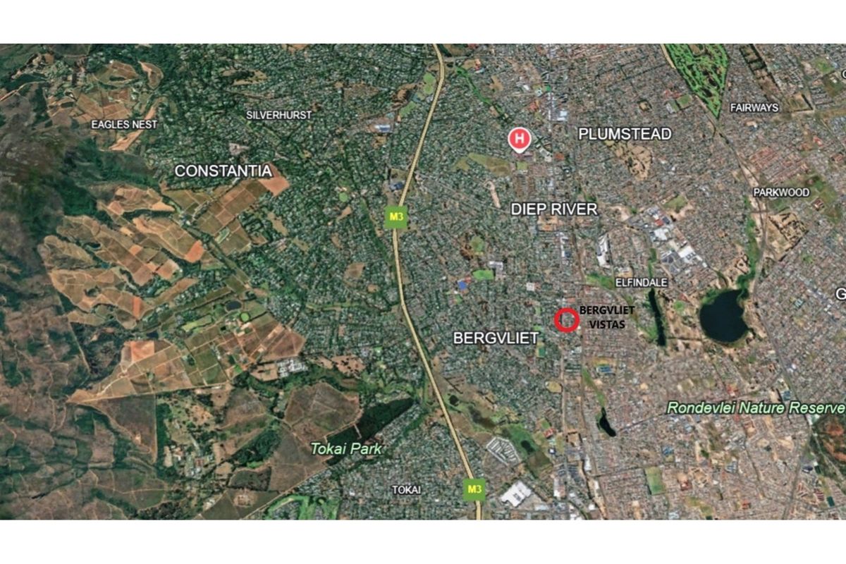 An aerial map view showing the location of Bergvliet Vistas in relation to surrounding suburbs and local landmarks.