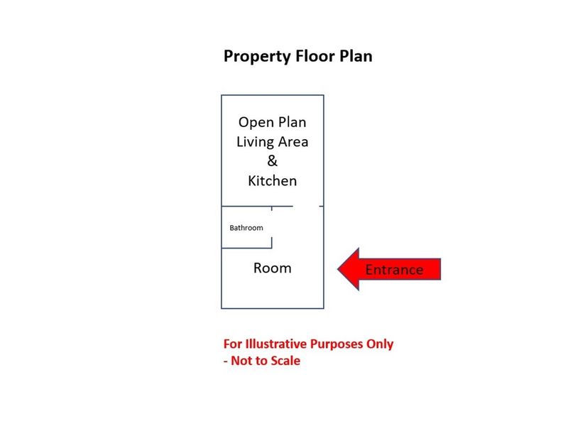 A simplified illustrative floor plan showing the layout of an apartment including an open plan living area, kitchen, bathroom, and a room.