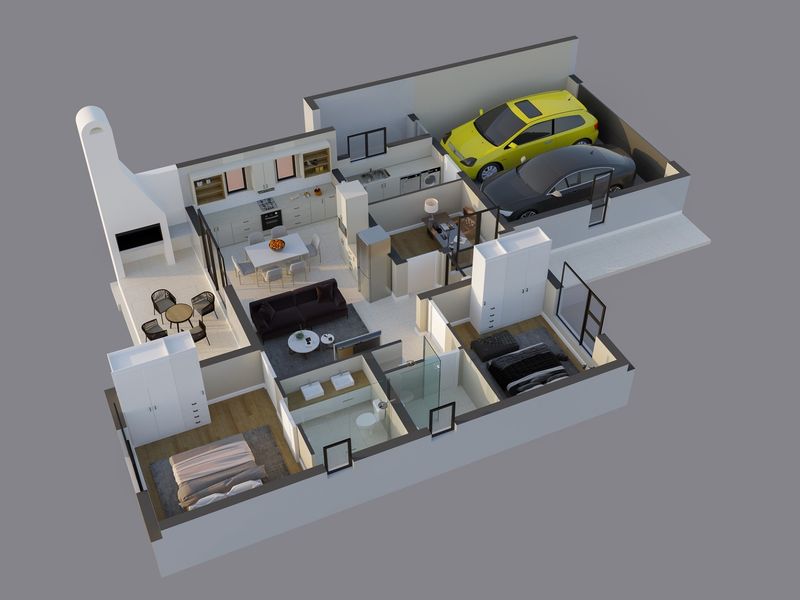 A 3D rendered floor plan showcasing the layout of a modern home, including a kitchen, living area, bedrooms, bathrooms, and a double garage.