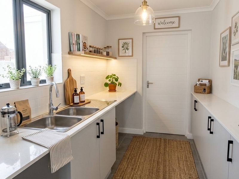 A well-appointed scullery featuring modern cabinetry, stone countertops, a double stainless steel sink, and clean subway tile backsplash with integrated lighting.