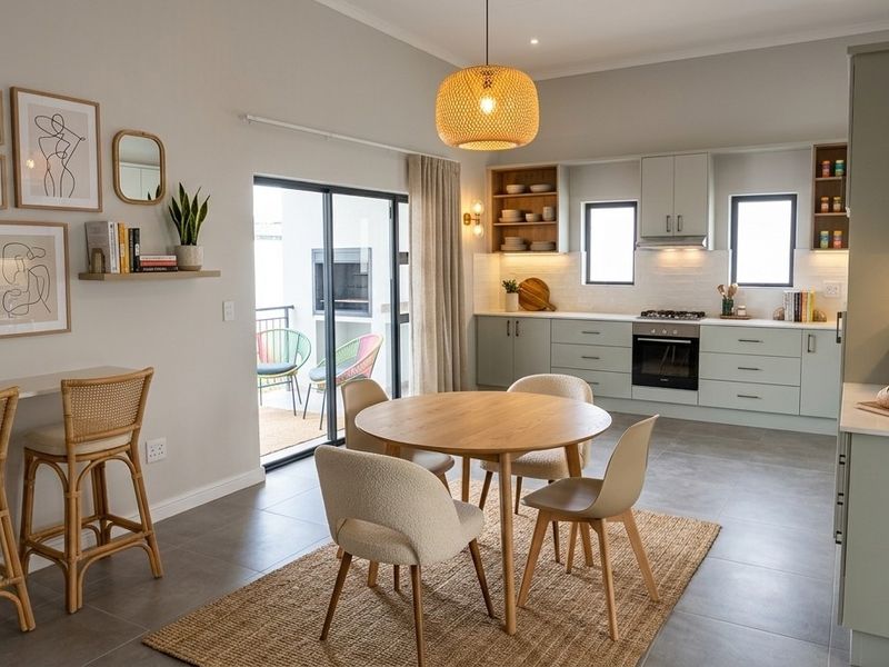 Modern open-plan kitchen and dining area featuring contemporary cabinetry, integrated appliances, tiled floors, and seamless access to an outdoor patio space.