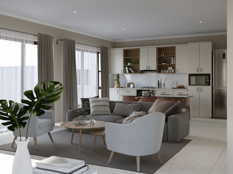 Modern open-plan living area featuring a contemporary kitchen with integrated appliances, sleek cabinetry, and seamless flow to the lounge space.
