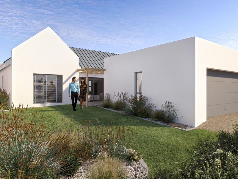Modern architectural front facade featuring a clean white finish, metal roofing, integrated garage, and a timber pergola entrance set within a landscaped garden.