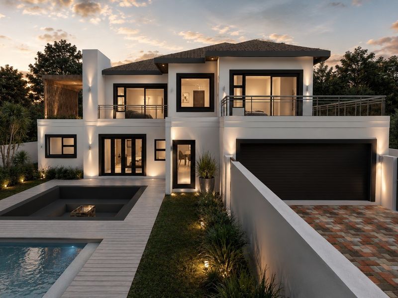 Modern double-story residence featuring a swimming pool, sunken fire pit, timber decking, and a spacious balcony, set within a landscaped garden.