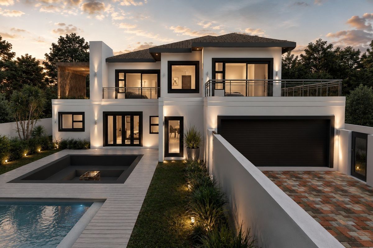 Modern double-story residence featuring a swimming pool, sunken fire pit, timber decking, and a spacious balcony, set within a landscaped garden.