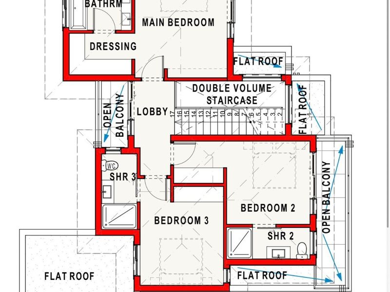 A detailed first-floor architectural floor plan showing the layout of bedrooms, bathrooms, balconies, and a double-volume staircase.