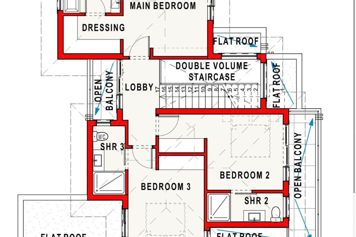 A detailed first-floor architectural floor plan showing the layout of bedrooms, bathrooms, balconies, and a double-volume staircase.